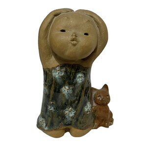 Vintage Japanese Hong Horizons Pottery Kneeling Girl w/ Cat Figure 7.5" Statue